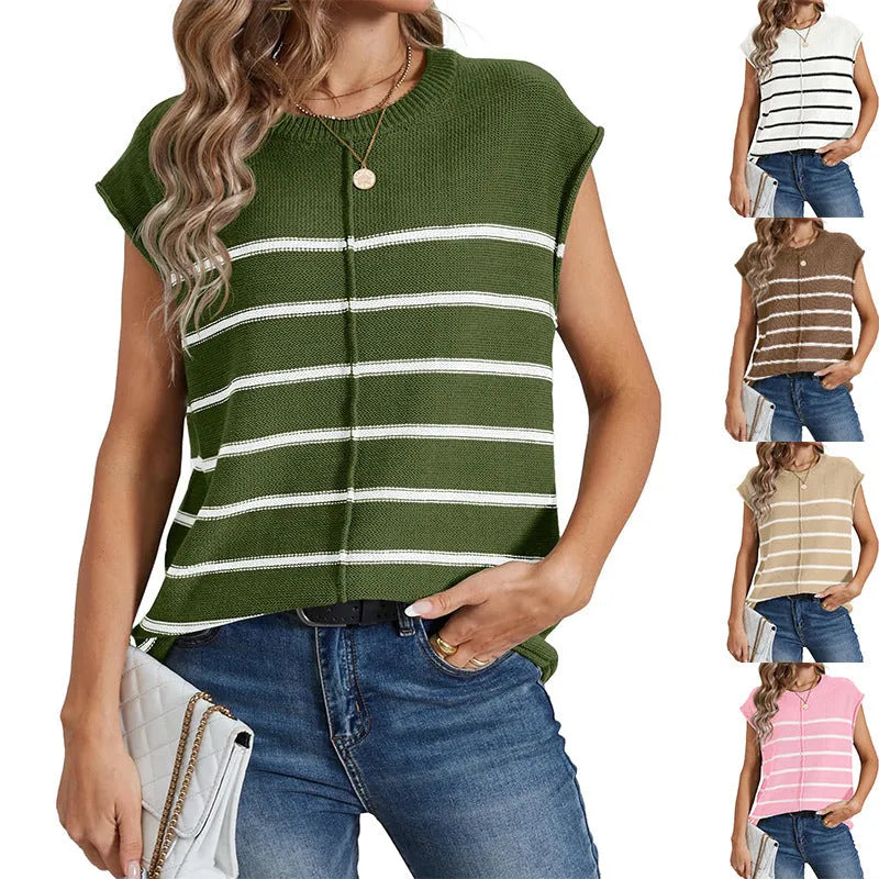 Women's striped sleeveless pullover top in acrylic fabric with bone stitching detail