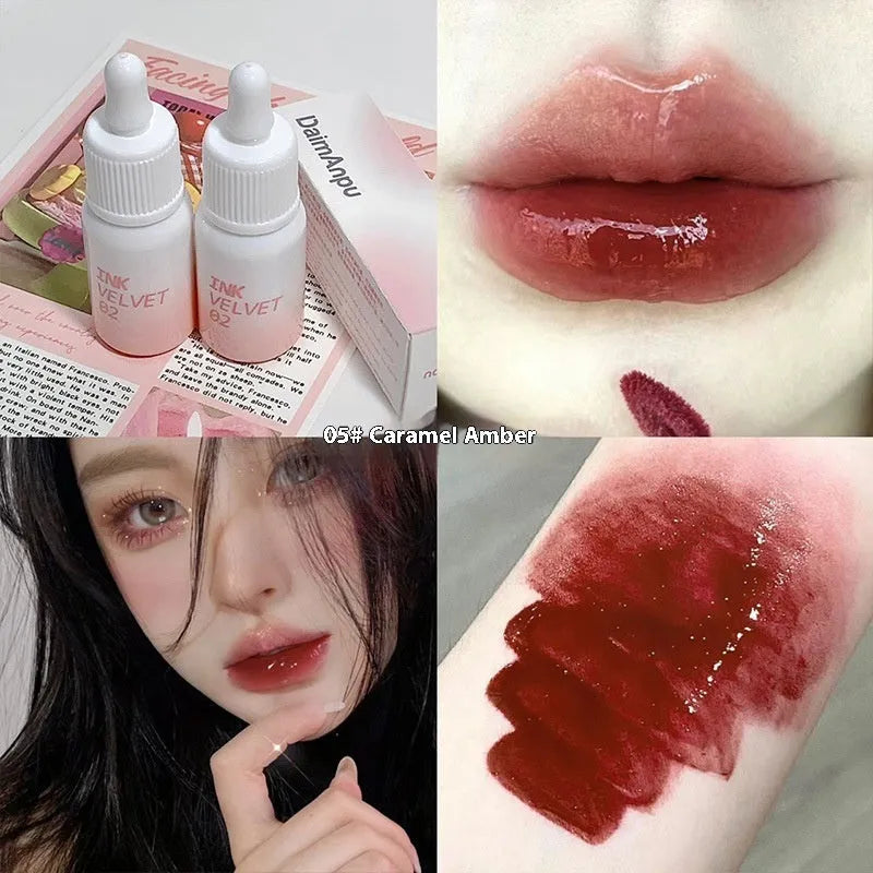 Mirror Lip Lacquer tube in 3.5g size showing four colour options: Spring Day Wilderness, Orange Tabby Cat Diary, Low-key Charming, and Misty Berry