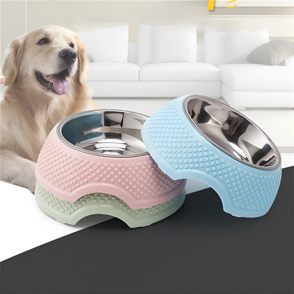 Blue stainless steel pet bowl with non-slip base on a table