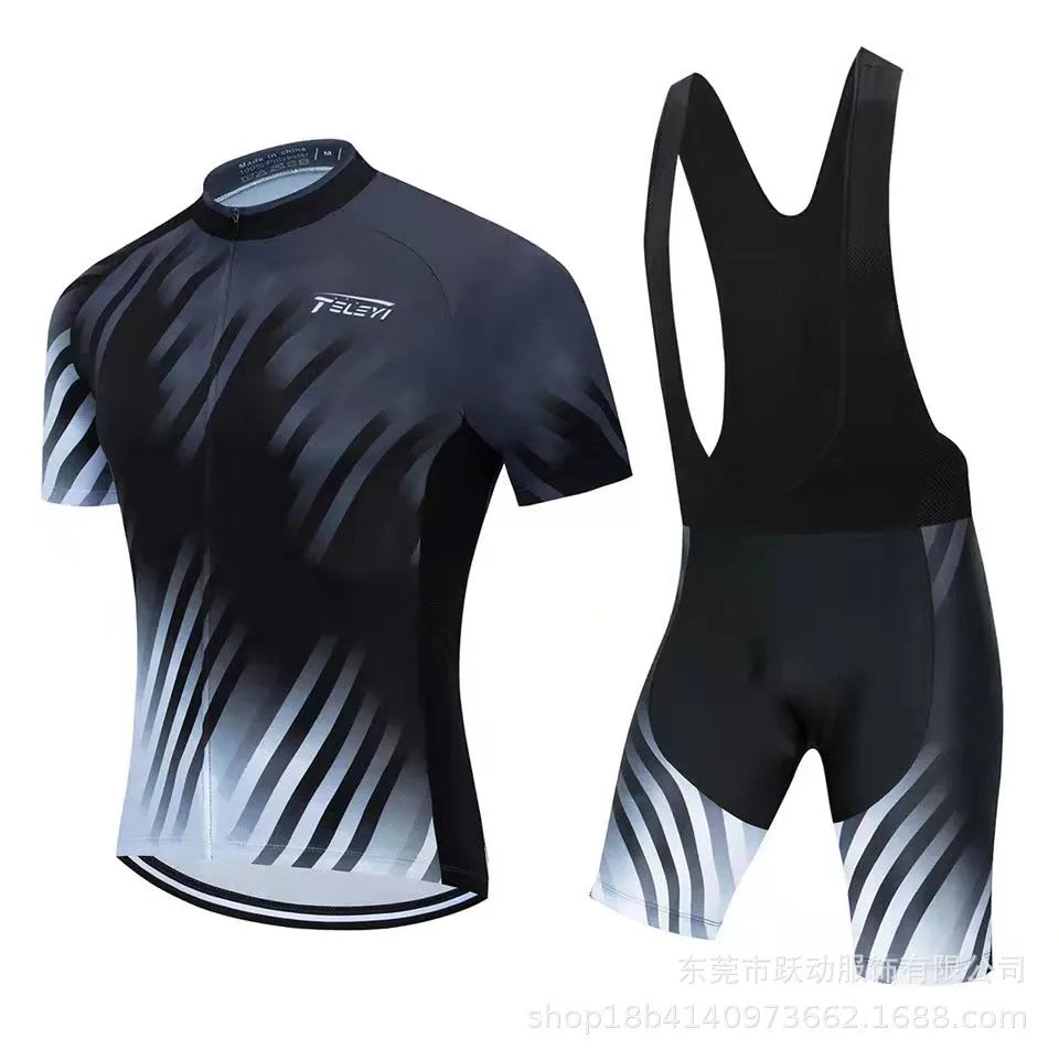 Cycling jersey and pants set in a colour-block style for summer mountain and road bike riding.