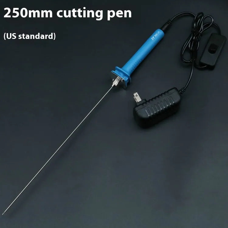 Blue electric heating cutter pen with plastic handle for cutting foam and pearl cotton, shown with power adapter.