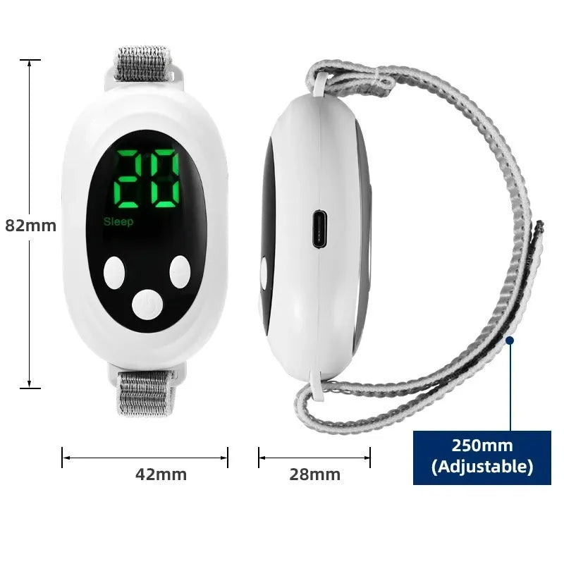 White electronic sleep aid device with handheld remote control showing 20 intensity settings and USB charging port