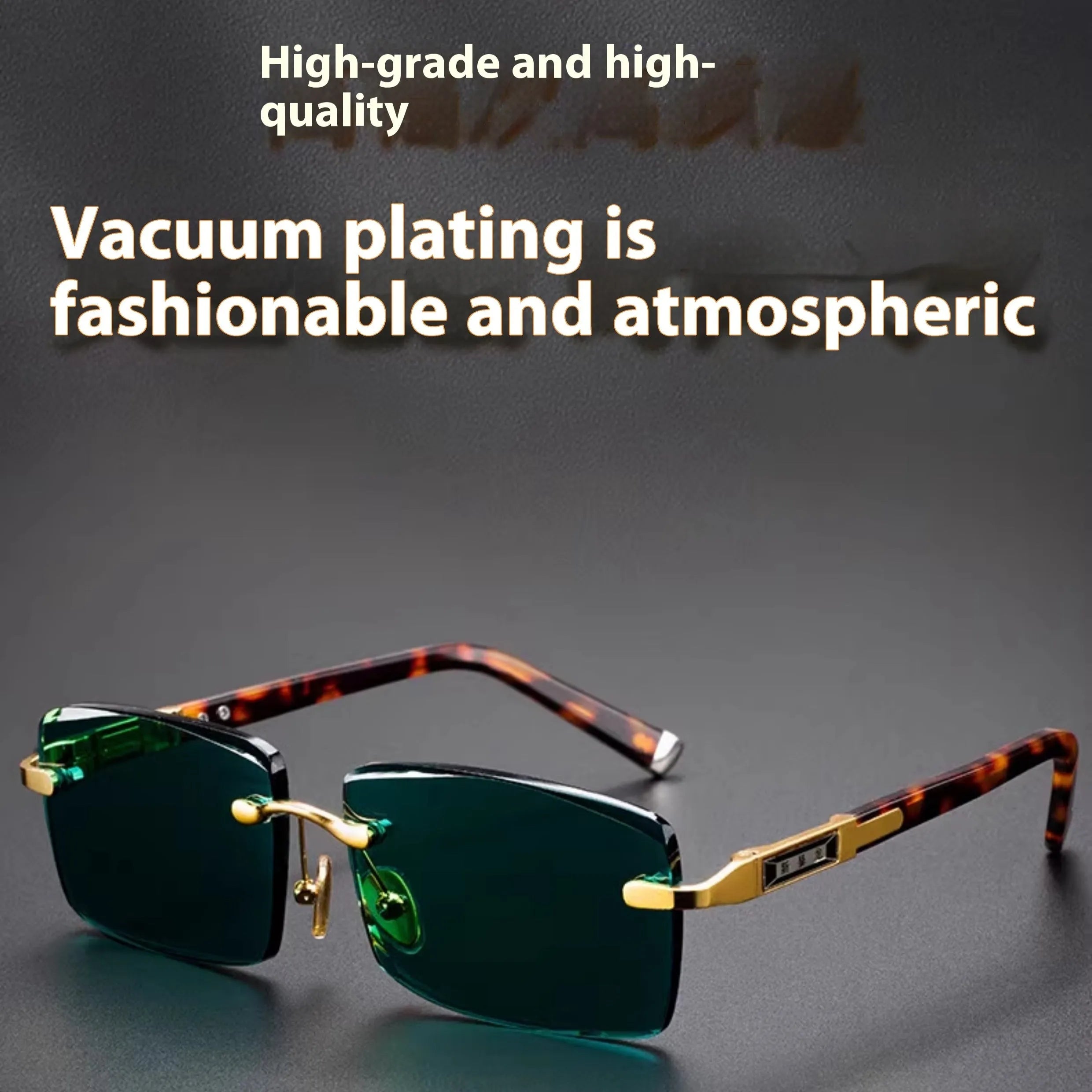 A pair of dark green frameless crystal sunglasses with a gold-tone temple arm on a case.