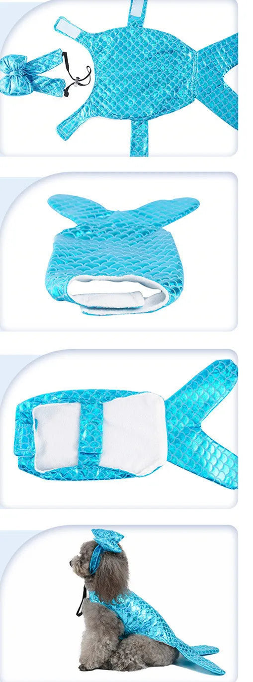 Blue polyester mermaid pet costume with headwear for small dogs and cats