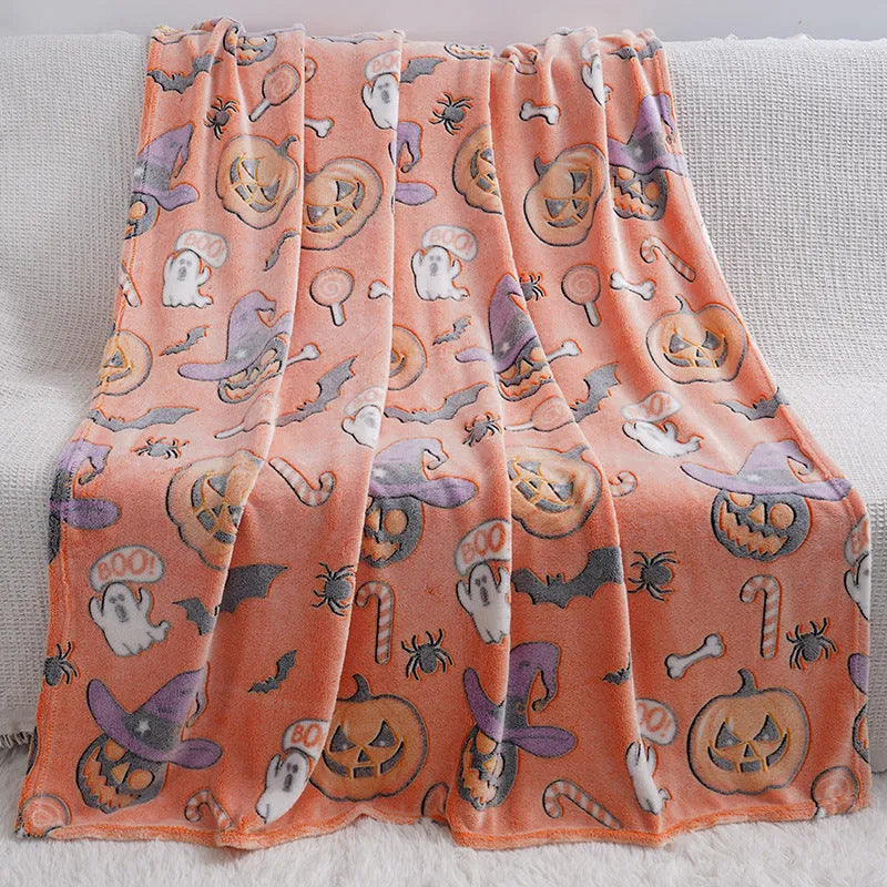 Colourful cartoon-pattern flannel blanket for children, shown in two size options.
