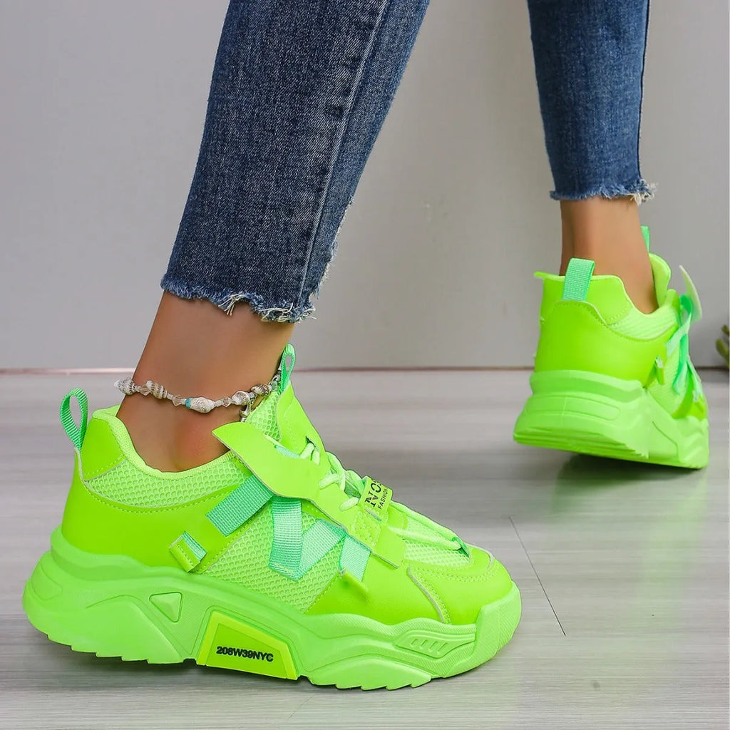 Women's animal pattern platform mesh sneakers in five colours with front lace-up closure