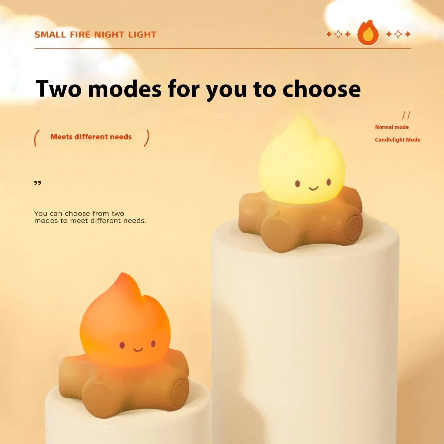 Cartoon small fire pile silicone night lamp with ABS shade on a wooden surface.