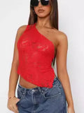 Women's lace backless sleeveless top with asymmetrical neckline in solid colour options