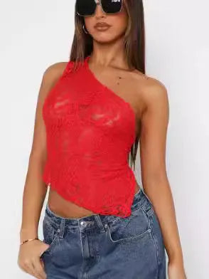 Women's lace backless sleeveless top with asymmetrical neckline in solid colour options