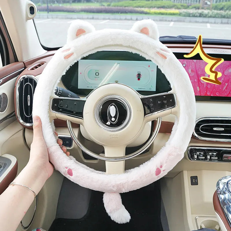 Rabbit fur plush steering wheel cover with embroidered cartoon panda design for winter.