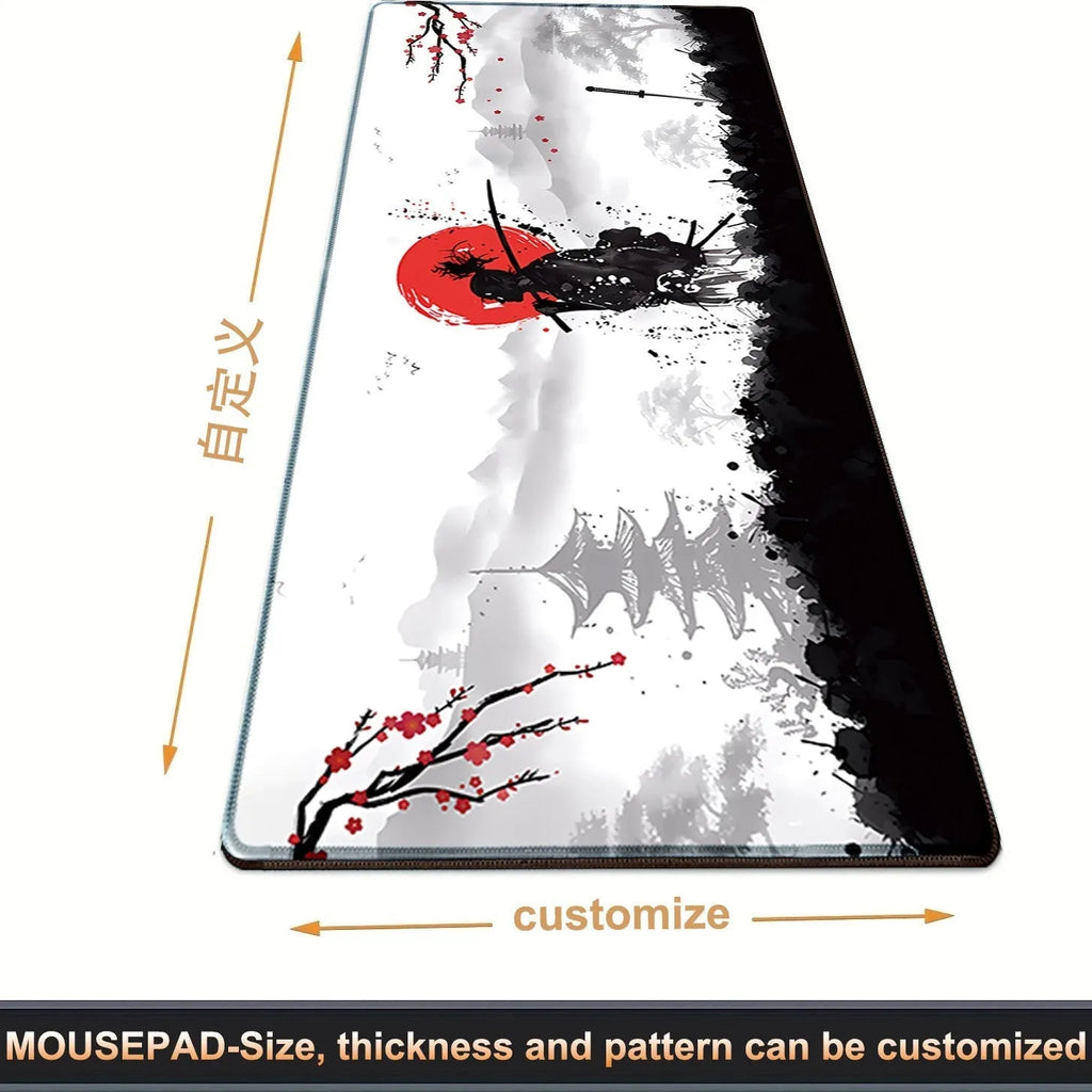 Japanese Samurai design gaming mouse pad on a desk, showing cloth surface and non-slip base.