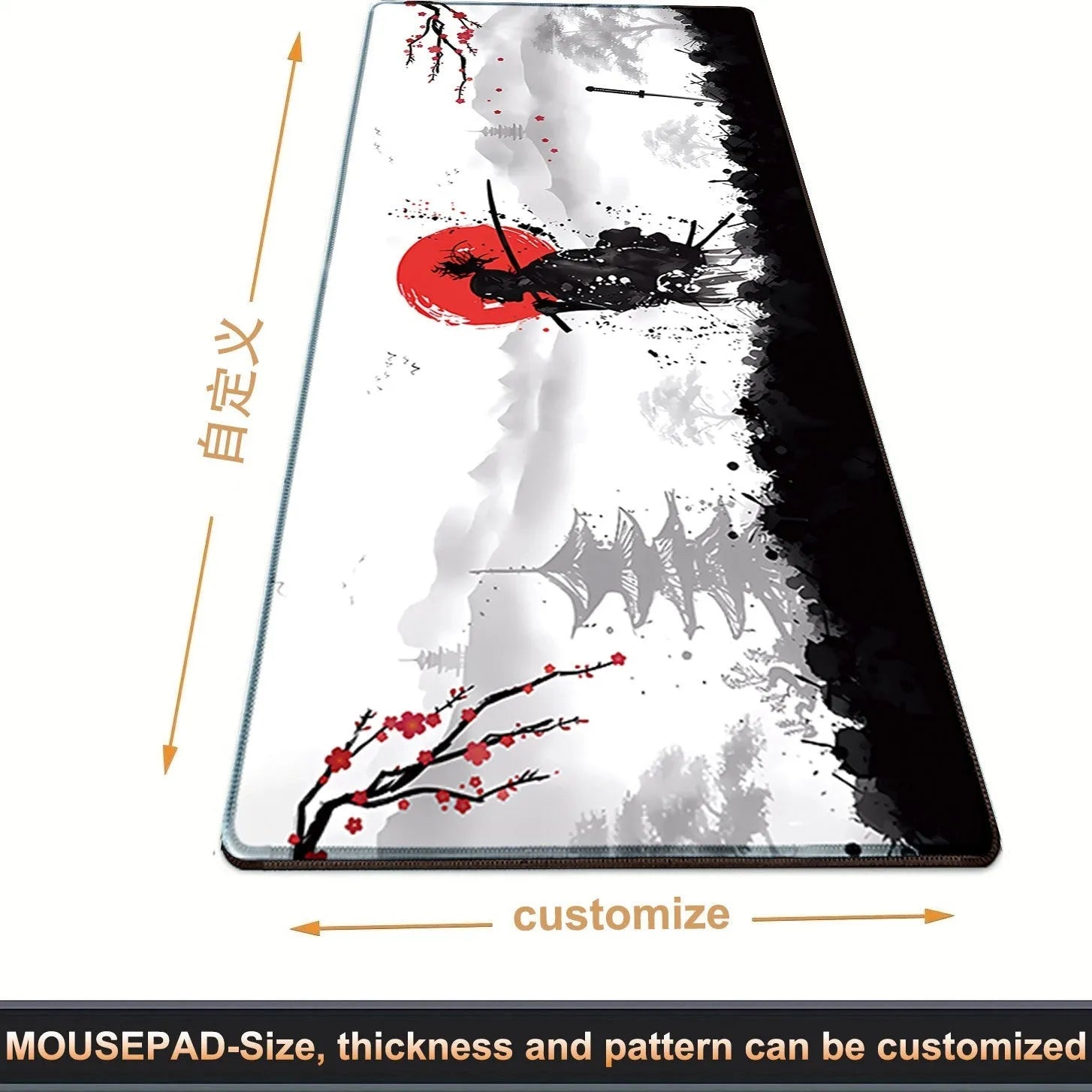 Japanese Samurai design gaming mouse pad on a desk, showing cloth surface and non-slip base.