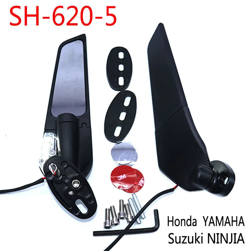 Motorcycle spoiler-style rearview mirror with integrated yellow LED light and convex lens
