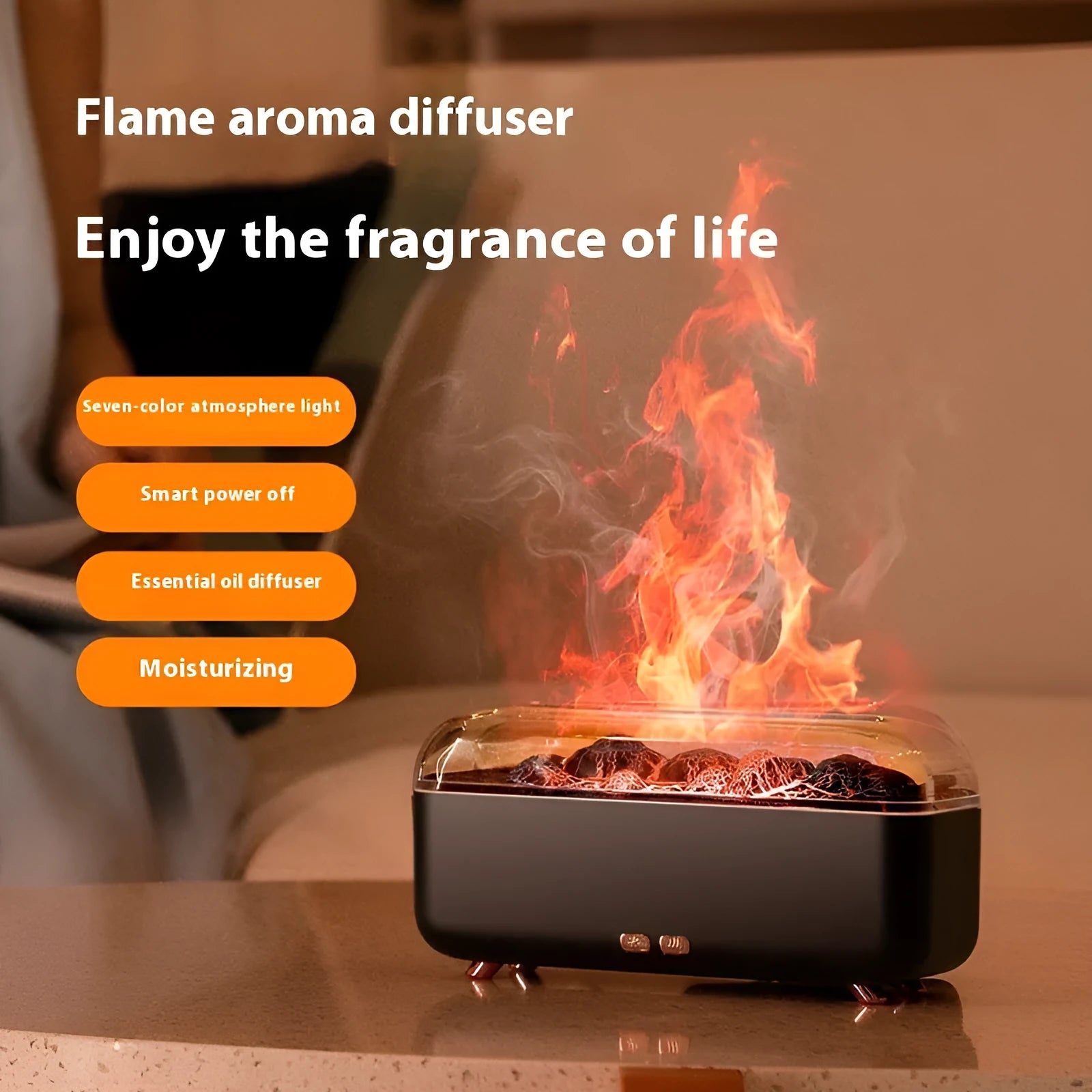 Black household desktop seven-colour flame aroma diffuser with 300ml capacity and Type-C plug-in