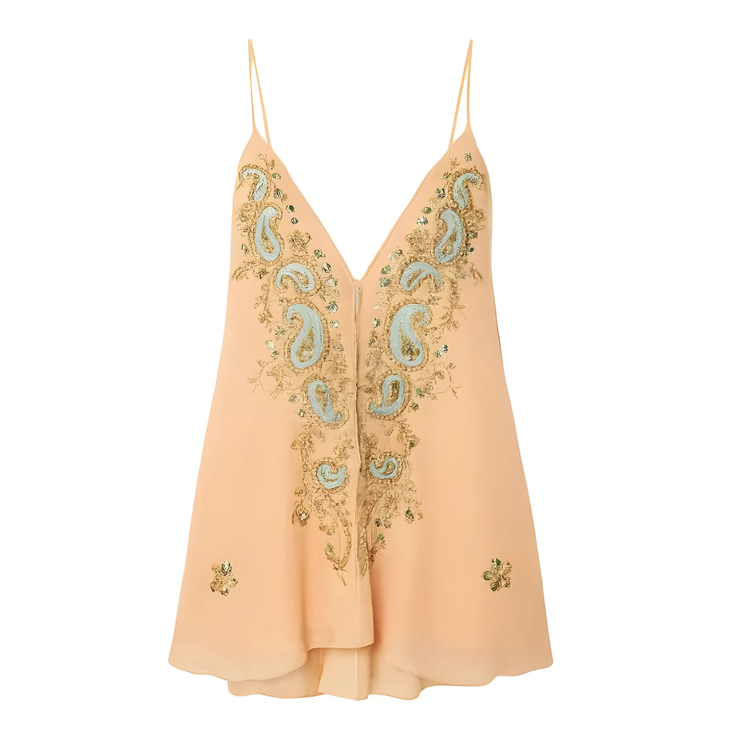 Light yellow ethnic print V-neck strap sleeveless polyester short skirt for women, front view showing sling-style design and print pattern.