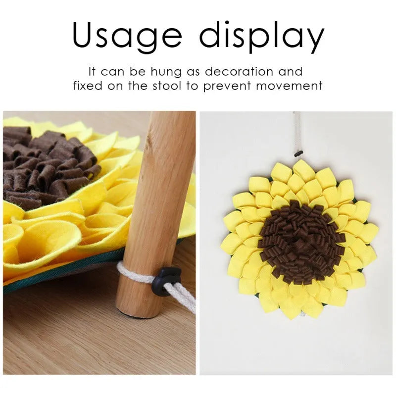 Yellow sunflower-shaped dog snuffle mat with fabric folds for hiding treats.
