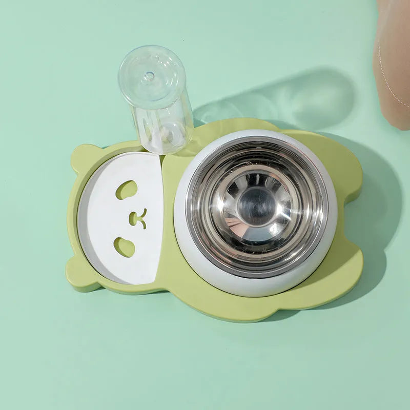 Grey panda-shaped pet feeder with automatic water bottle and tilted stainless steel bowls