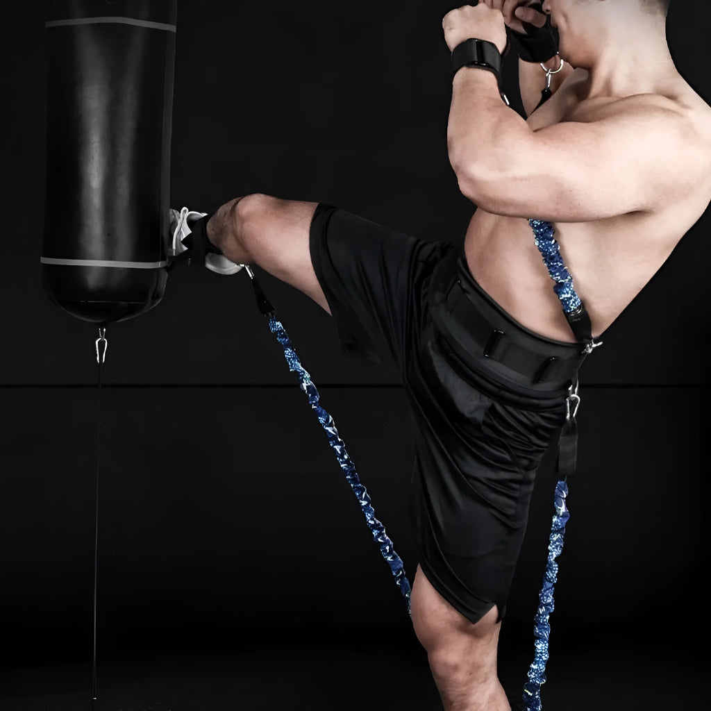 Fitness chest expander with red, blue, black, and green sleeves indicating different resistance levels