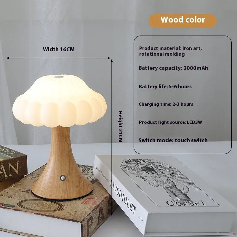 Mushroom-shaped night light with touch controls and USB port in wood grain finish