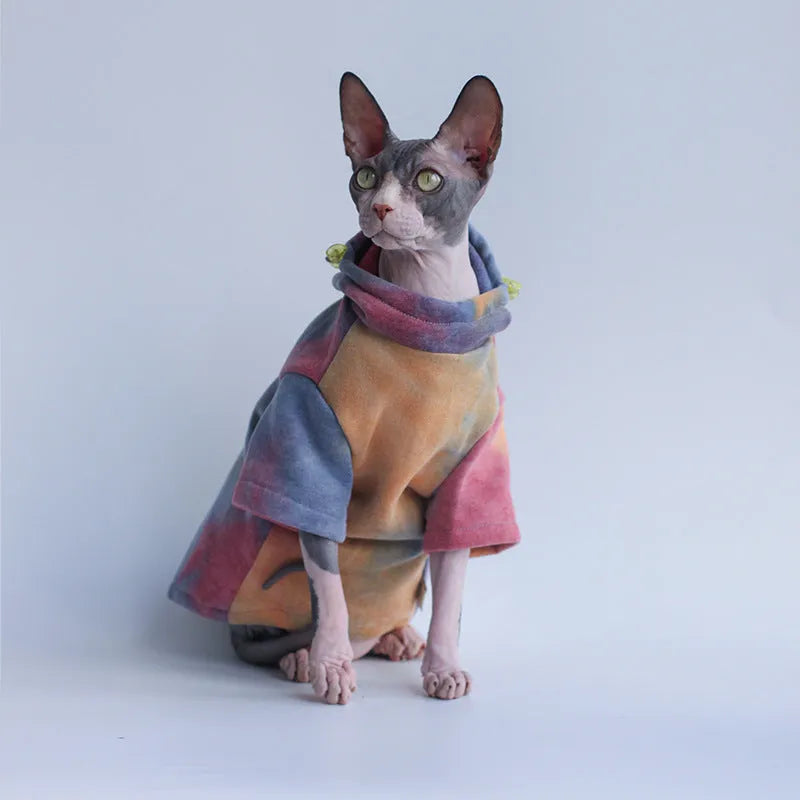 Thick tie-dye hooded cotton pet sweater in red yellow blue for cats and dogs, autumn winter wear