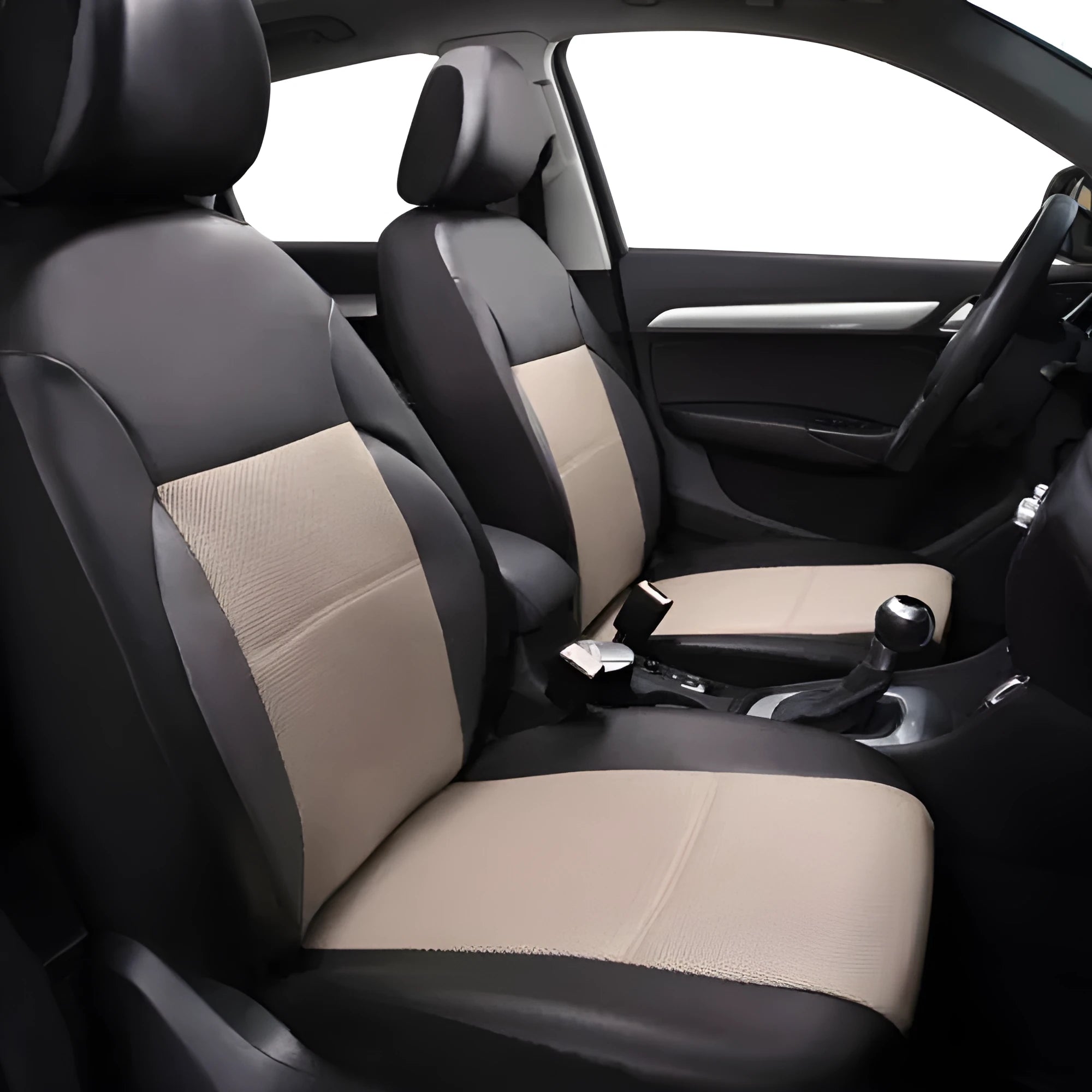 Artificial leather car seat cover set shown in vehicle with colour options and different set configurations