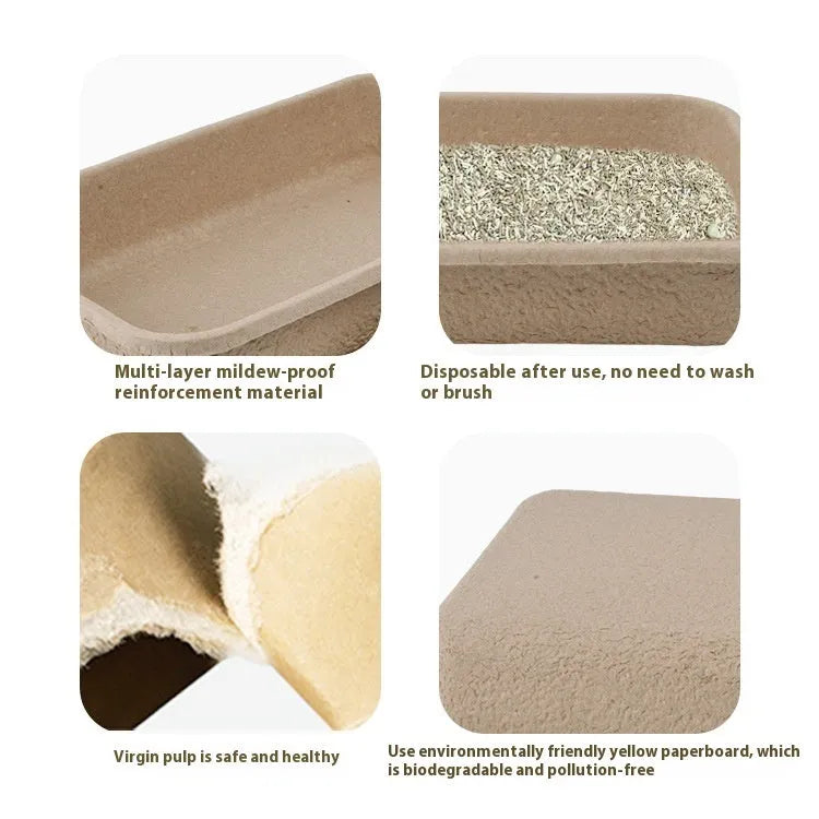 Brown biodegradable disposable cat litter box showing three available size options