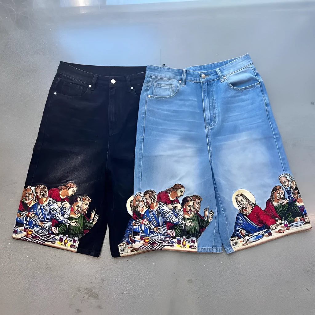 Blue men's tapered cotton shorts with a Jesus print on the back pocket.