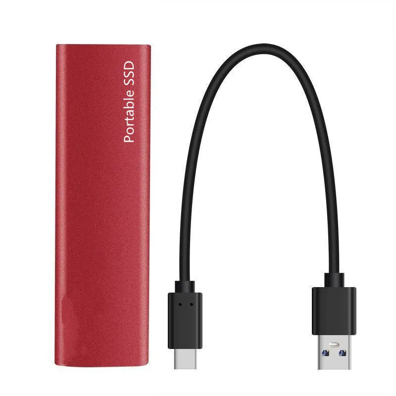 Ultra-thin metal external solid state drive (SSD) in red, black, blue, or silver, showing high-capacity portable storage.