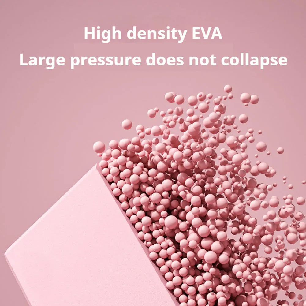 Rectangular EVA foam yoga blocks in blue pink purple rose colours showing dimensions and grip ridges