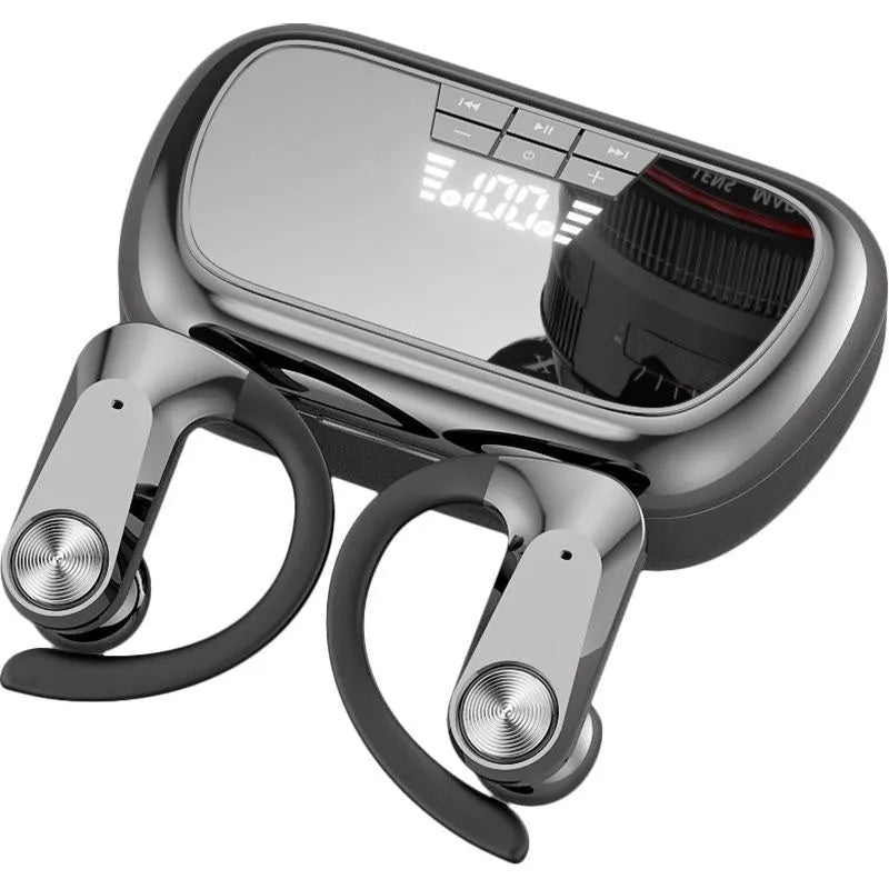 Sports running in-ear headset Q2S in black with ear hook design and digital display