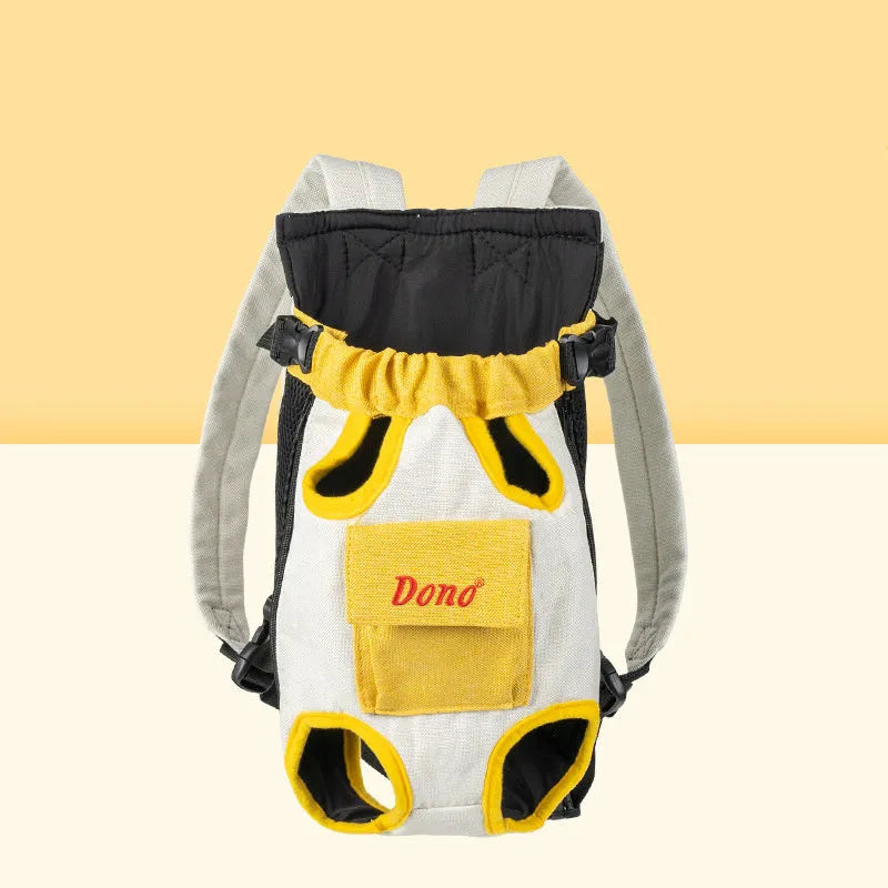 Front-carry pet sling bag with breathable mesh panels and adjustable shoulder strap in blue and yellow colour combination
