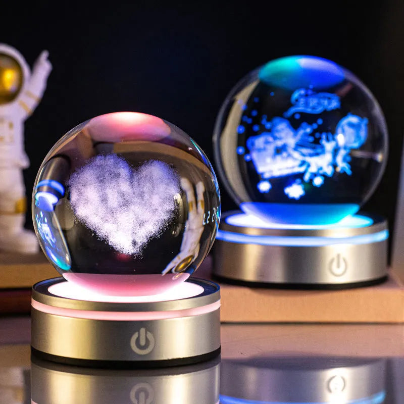 Creative 3D inner carving luminous crystal ball night lamp with colourful gradient and round touch base, 8cm, white crystal