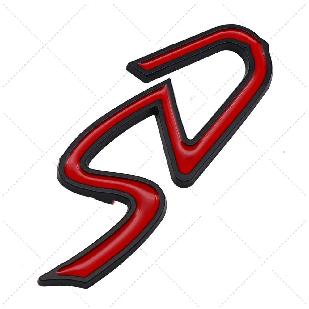 SD and D pattern metal car bumper stickers in red, silver, and black colour combinations
