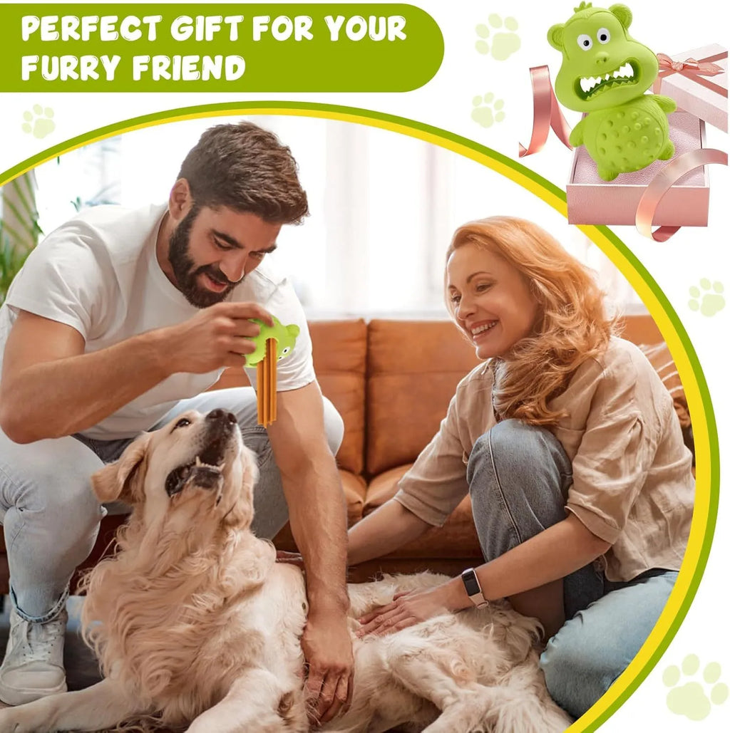 Green and yellow natural rubber squeaky dog toy for large breed aggressive chewers