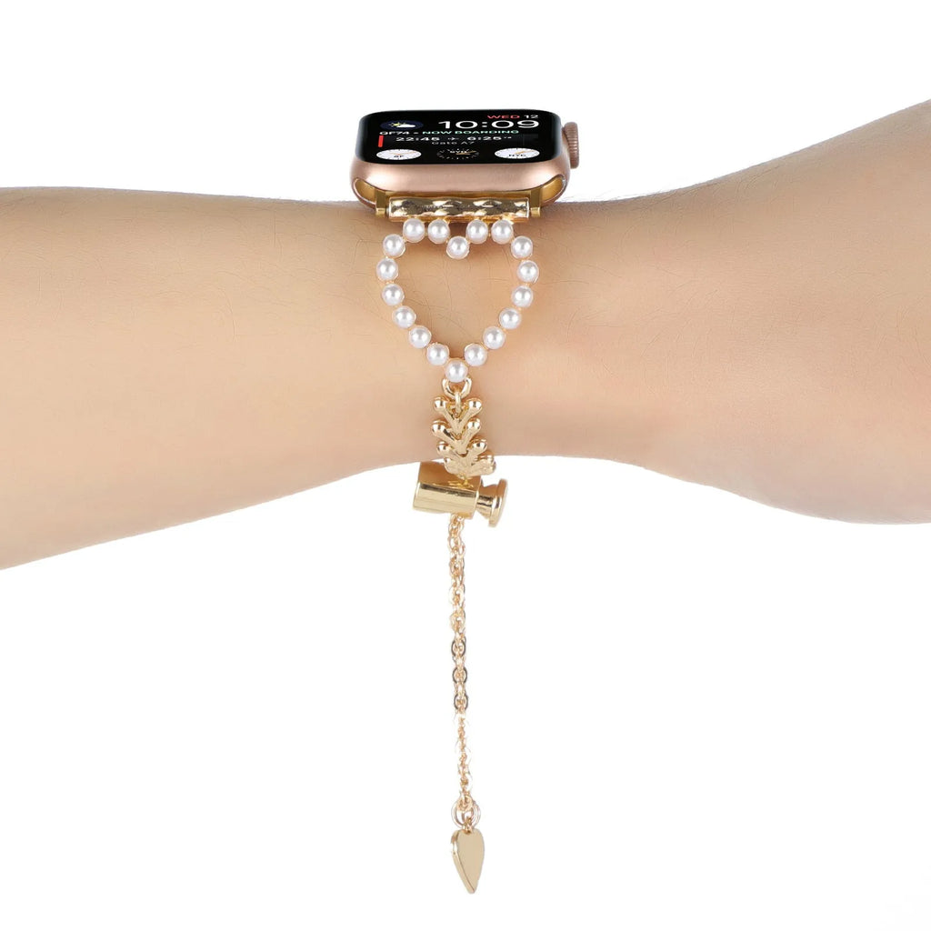 Apple smart watch strap with pearl love necklace design on metal band, 38-49mm fit