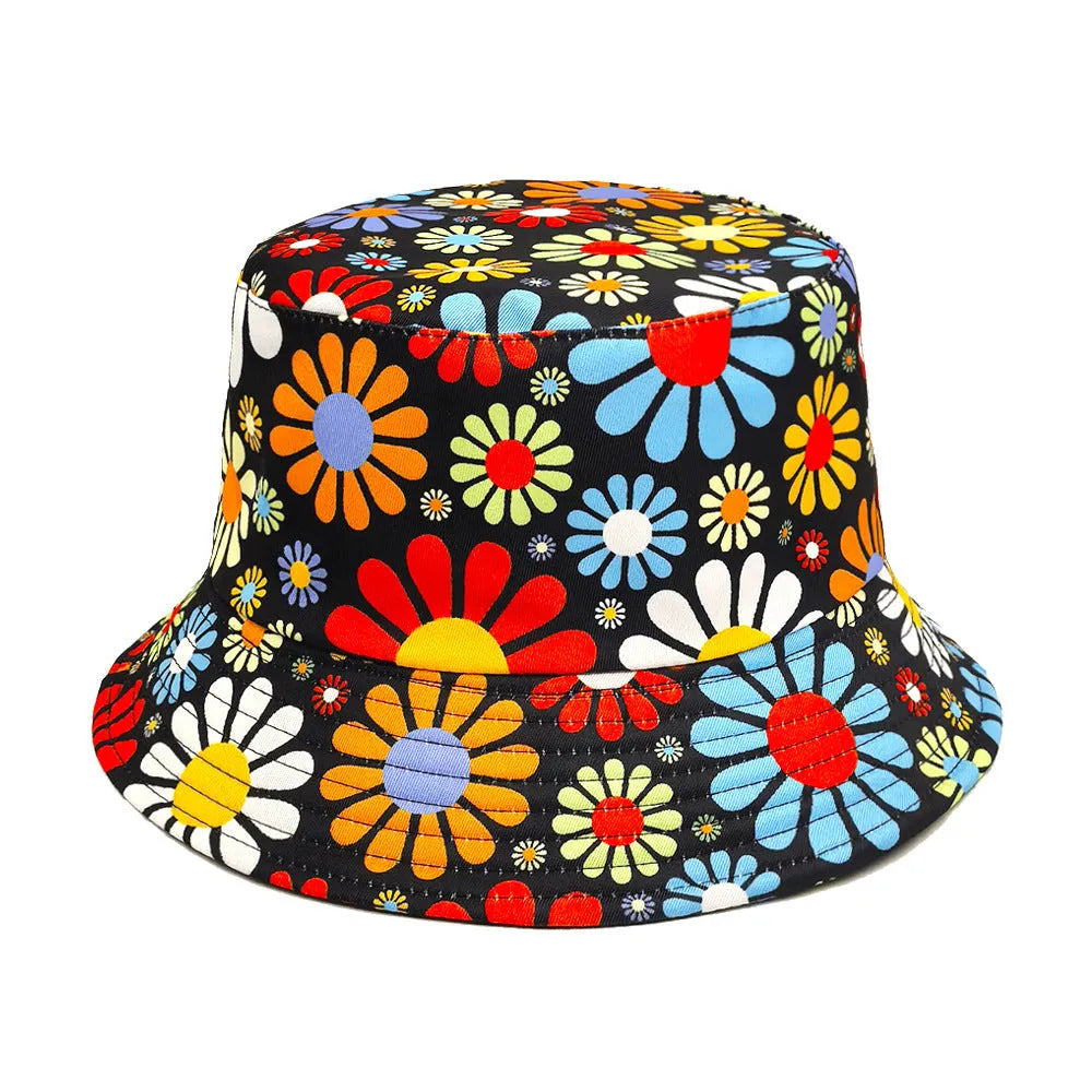 Flower pattern polyester bucket hat with dome crown design for sun protection