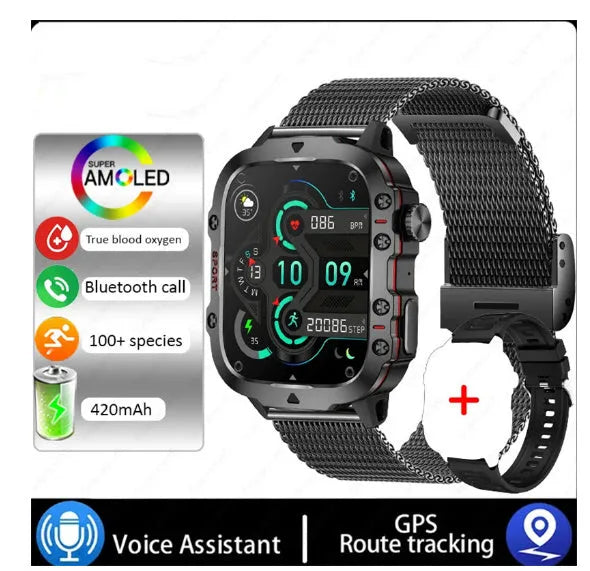 QX11 Smart Bluetooth Watch in black with a TFT touchscreen display, shown with an optional leather strap.