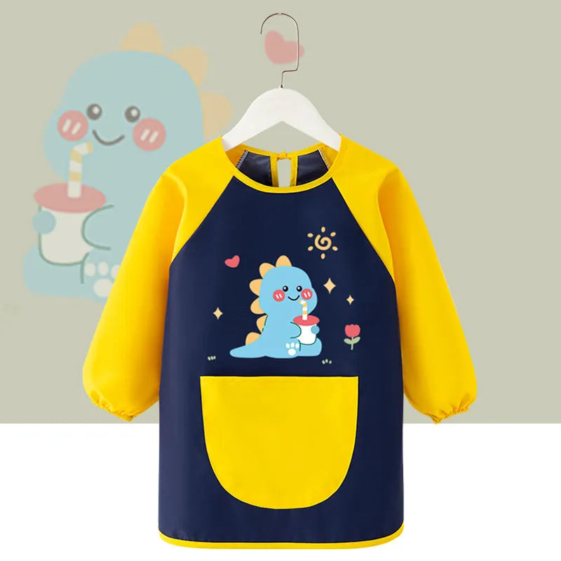 Children's waterproof painting apron with cartoon design in pink rabbit pattern, polyester fabric, inside-out style