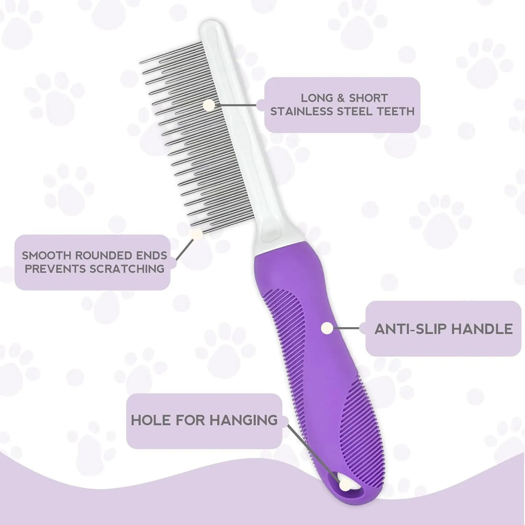 Purple pet grooming comb with stainless steel teeth on ergonomic handle