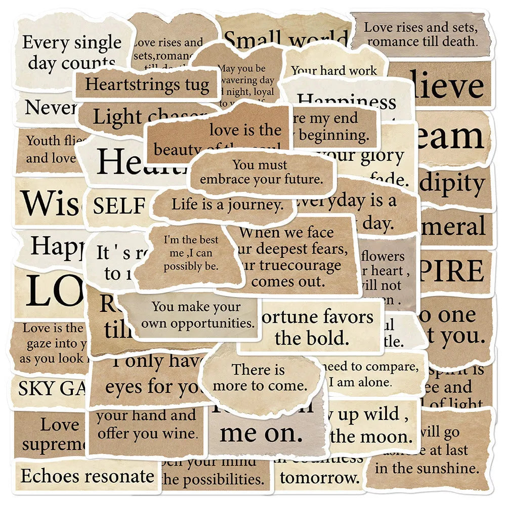 Pack of 25 tear English text design PVC stickers for laptops, sizes 4 to 7 cm