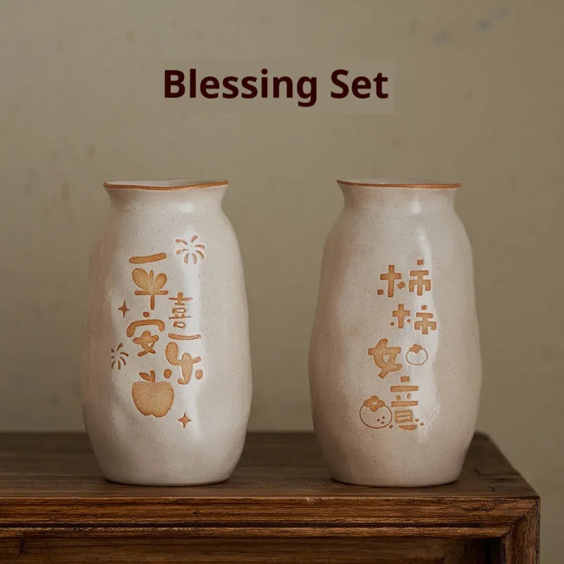 Chinese hand-painted ceramic joy vase with traditional designs and 8 cm base