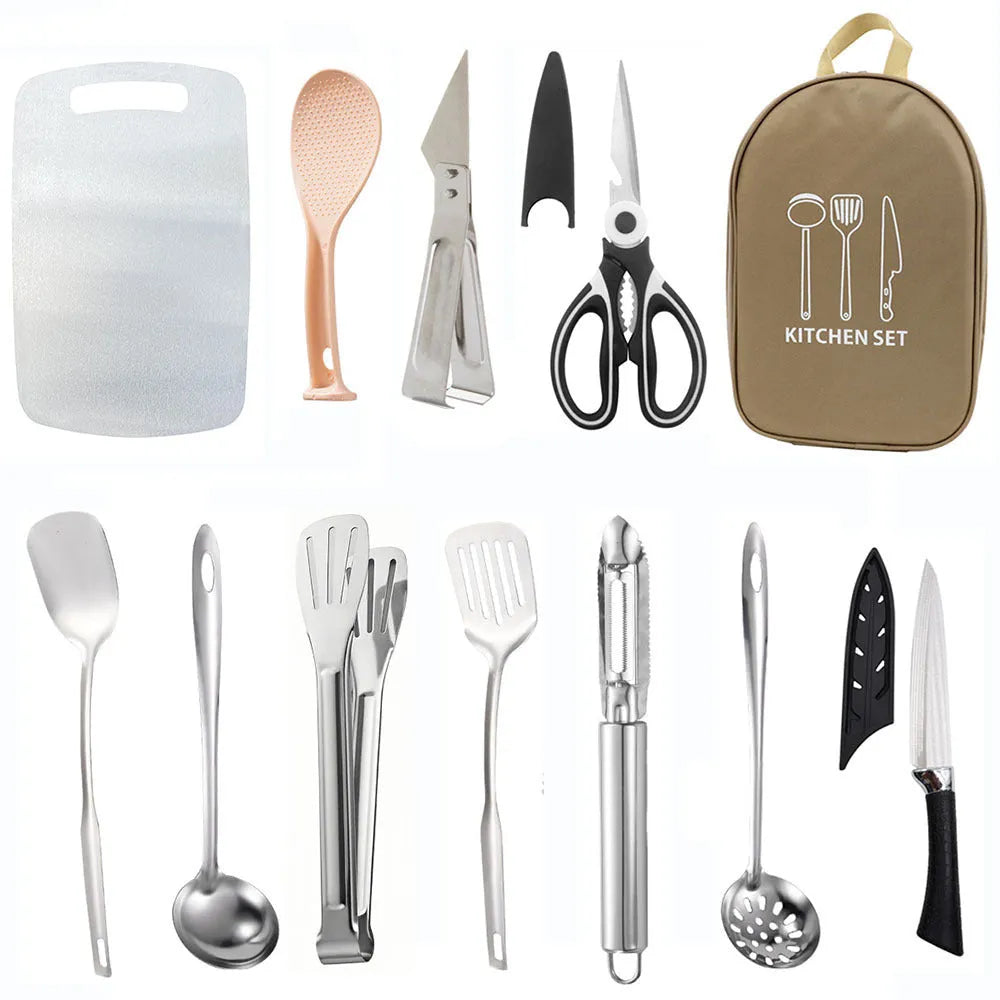 Picnic storage bag containing 12 stainless steel utensils for outdoor meals.