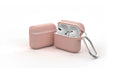 Silicone clamshell protective case for Apple AirPods in various colours showing split design and metal buckle.