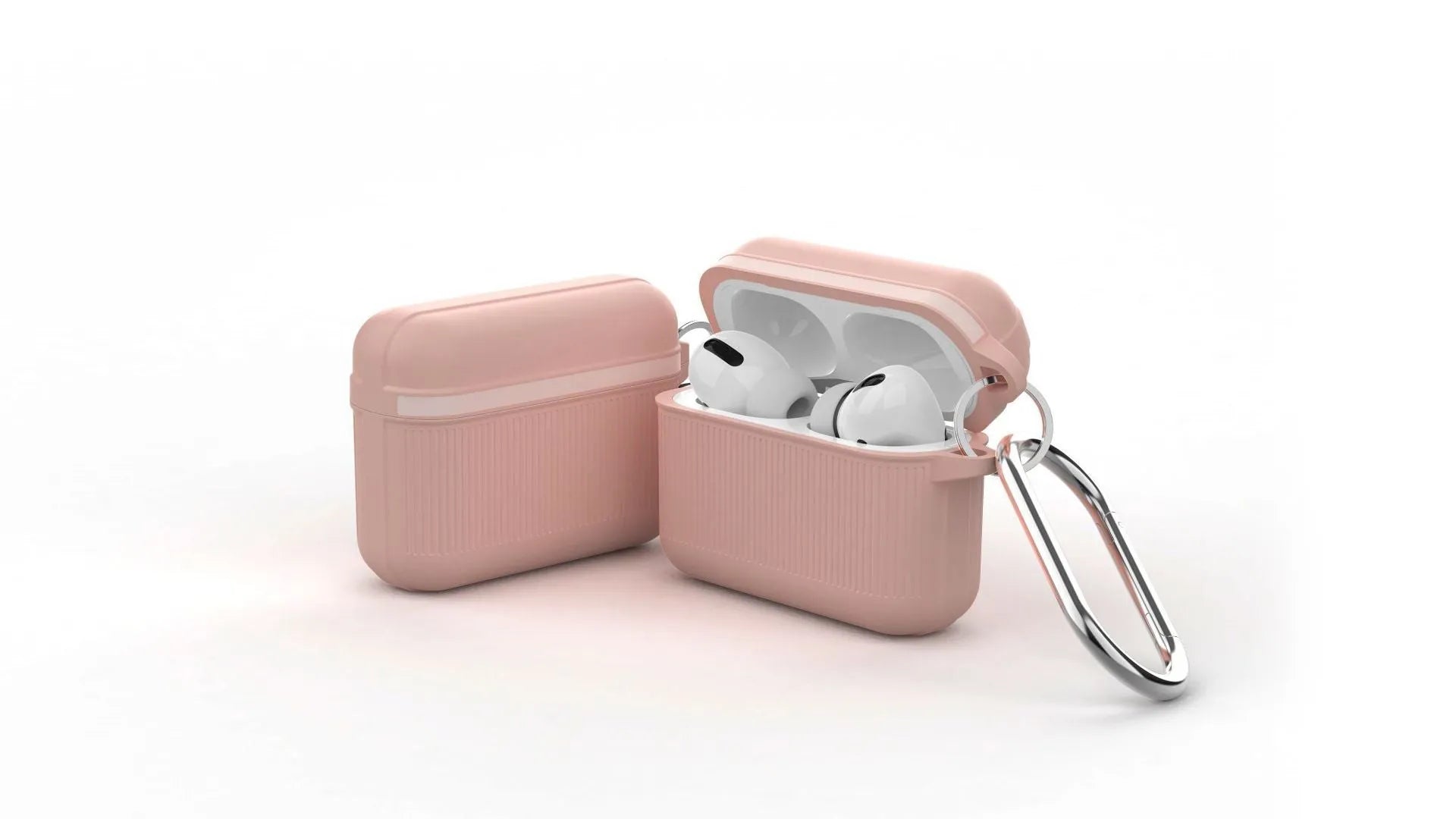 Silicone clamshell protective case for Apple AirPods in various colours showing split design and metal buckle.