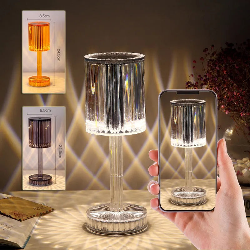 Amber K9 crystal table lamp with double-layered lampshade on a modern bedside table, warm LED light on medium brightness