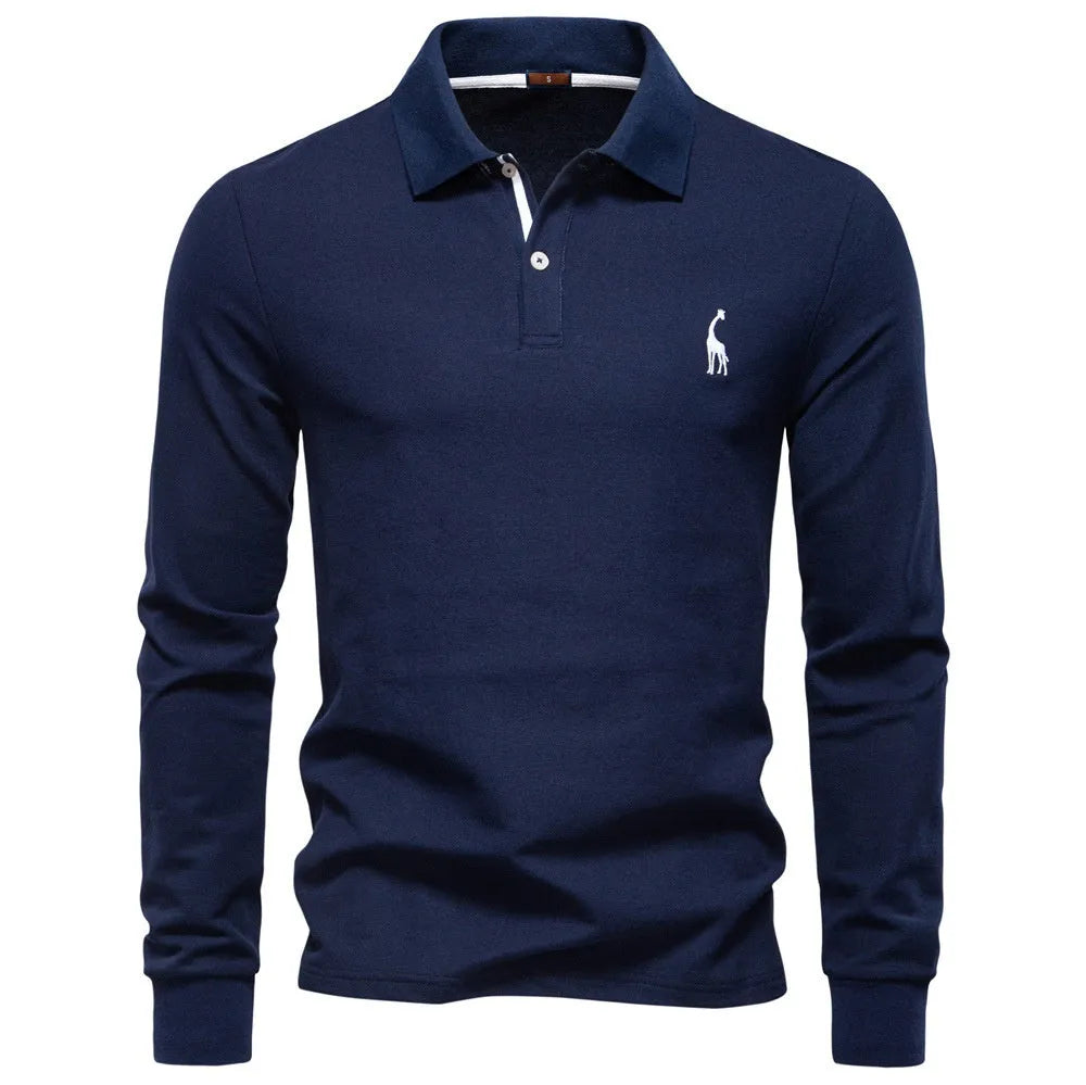 Men's casual polo long sleeve top with deer embroidery, cotton blend, available in multiple colours