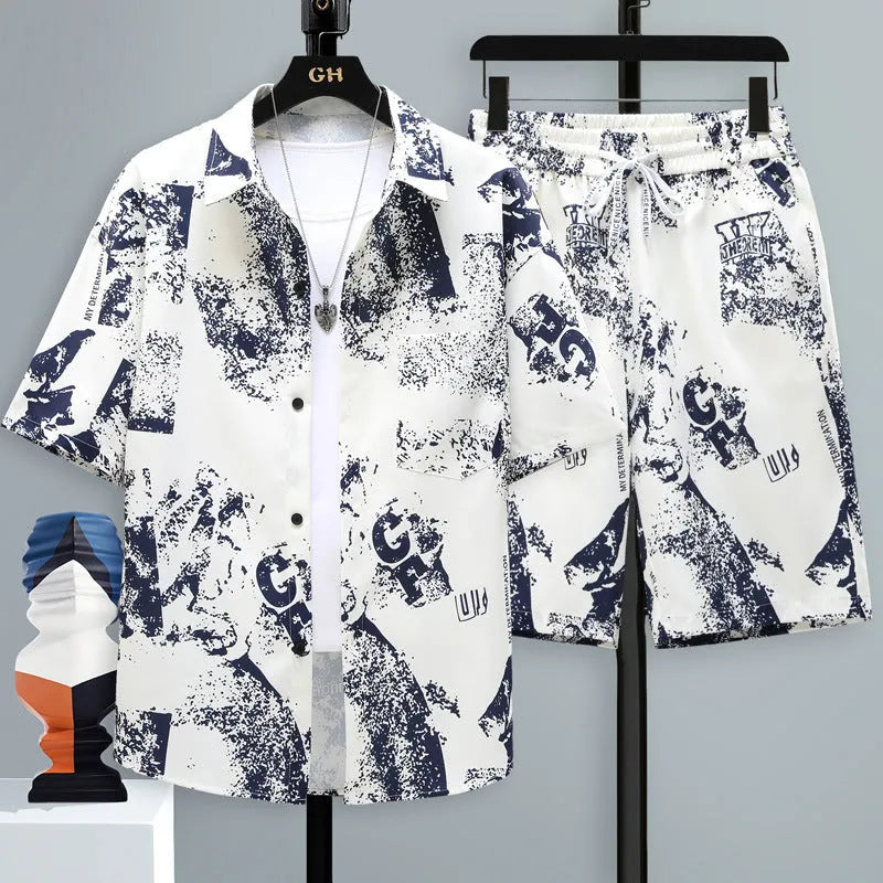 Men's casual sports two-piece set with short sleeve top and matching polyester shorts