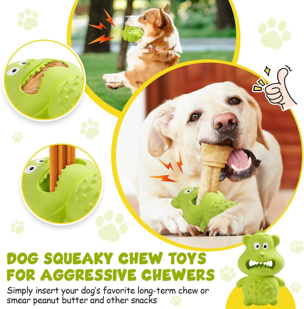 Green and yellow natural rubber squeaky dog toy for large breed aggressive chewers