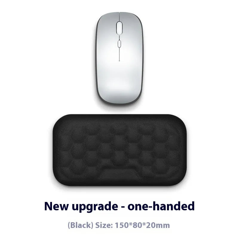 Grey and black memory foam mouse wrist pads with silicone bases, shown in cloth and leather cover options.