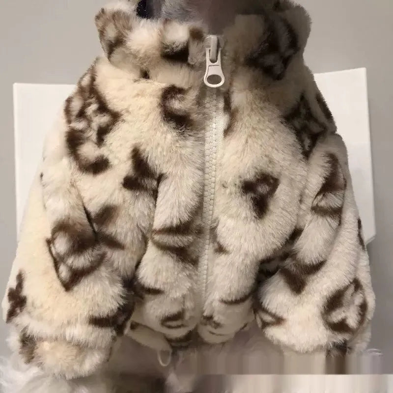 Dog wearing autumn winter polyester smoked fur coat in LV presbyopic fur colour, British style, available in sizes XS-XL
